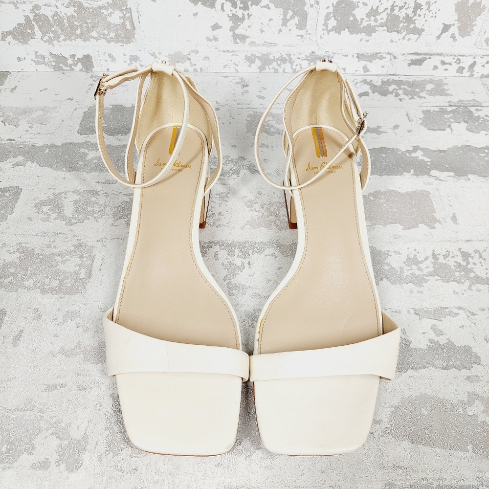 Sam Edelman Wilson Ivory Leather Square Toe Ankle Strap Heels Sandals D285 - Picture 11 of 14